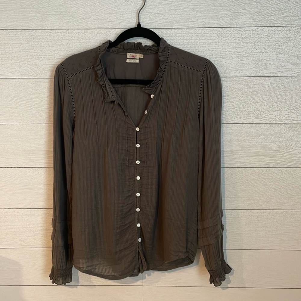 Faherty Charcoal Ruffled Henley Blouse - Picture 2 of 13